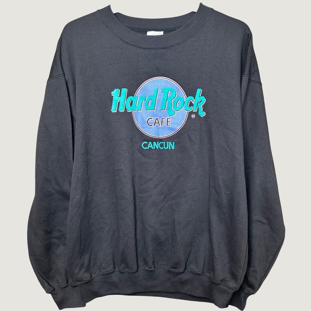 Vintage Style Hard Rock Cafe Cancun Black Graphic Pullover Sweatshirt Mens XL
